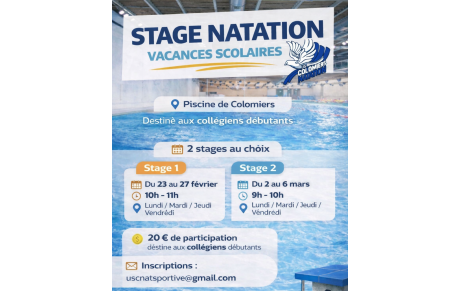 Stage découverte natation pour les collégiens – Vacances d’hiver 2026